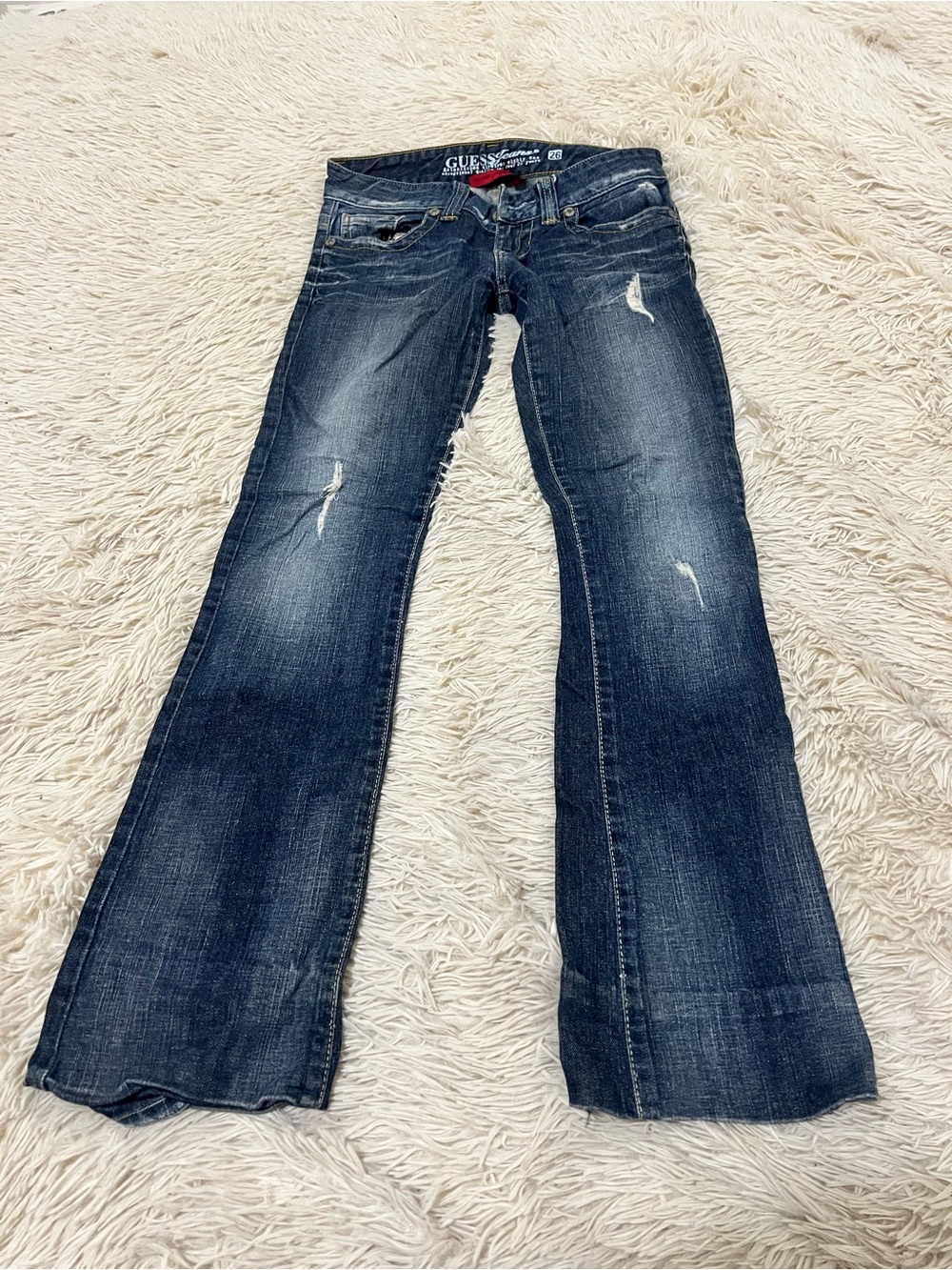 GUESS Women's Dark Blue Flare Jeans with Distressed Accents